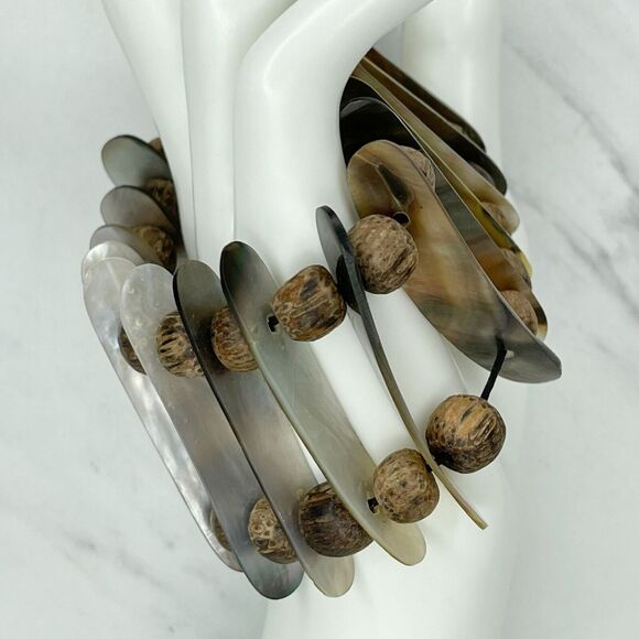 Wide Abalone Shell Ladder Beaded Stretch Bracelet - Picture 9 of 9